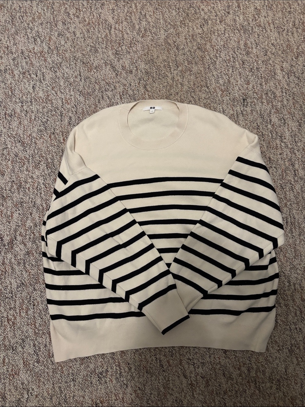 Uniqlo Cream and Black Striped Crewneck Sweater